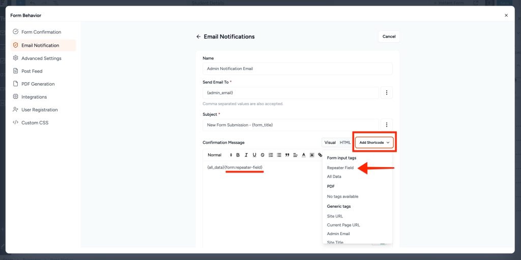 Repeater Field in SureForms Repeater Data In Notifications 1024x512