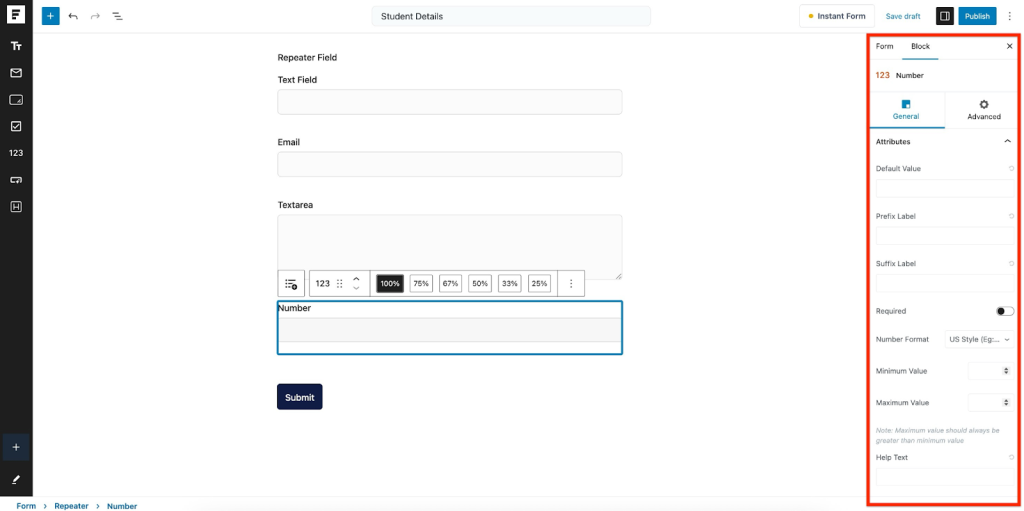 Repeater Field in SureForms Number Field