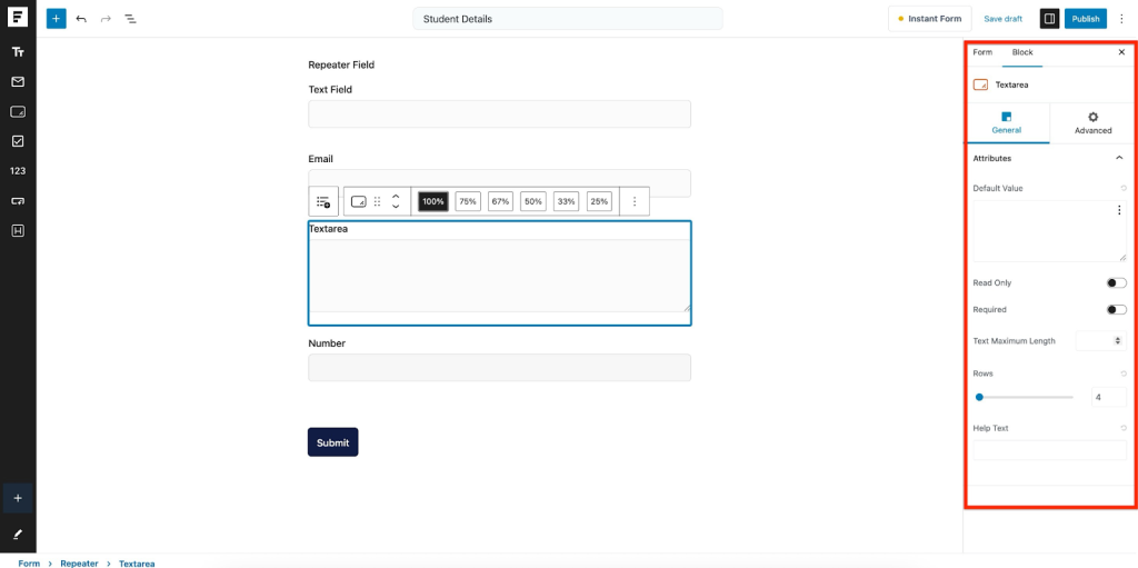 Repeater Field in SureForms Textarea Field
