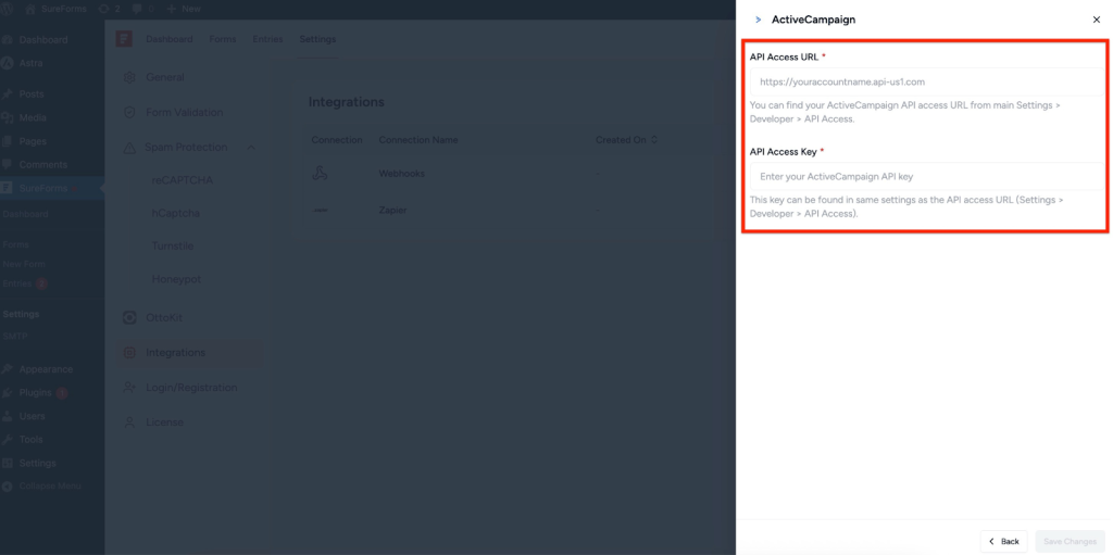 SureForms Integration with ActiveCampaign Enter your API Access URL and API Access Key.