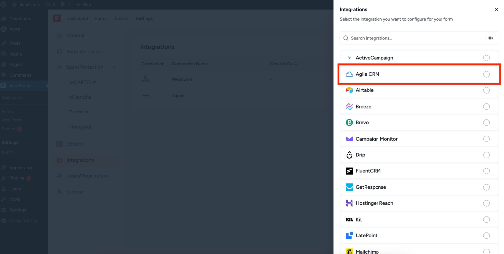 SureForms Integration with AgileCRM Select AgileCRM
