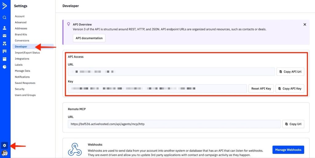 SureForms Integration with ActiveCampaign obtain your API Access URL and API Access Key