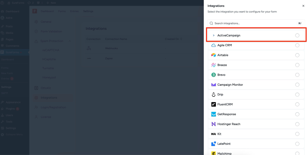 SureForms Integration with ActiveCampaign Select ActiveCampaign