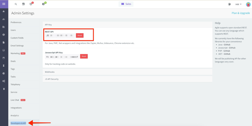 SureForms Integration with AgileCRM AgileCRM Developers & API → API Key