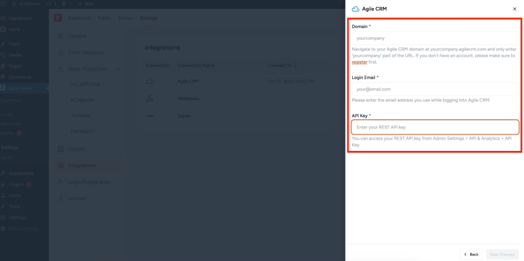 SureForms Integration with AgileCRM AgileCRM connection