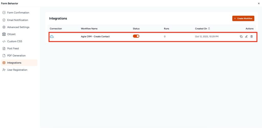 SureForms Integration with AgileCRM AgileCRM Workflow