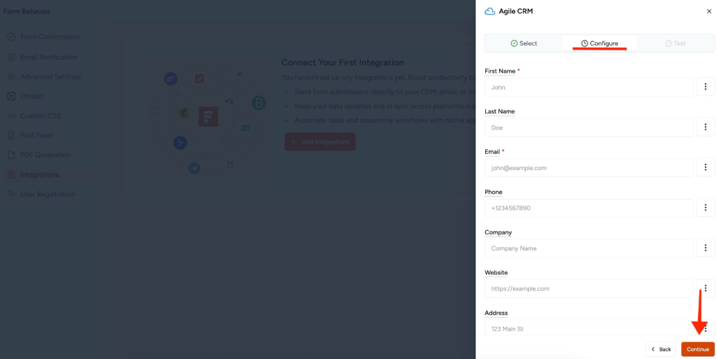 SureForms Integration with AgileCRM Configure Tab