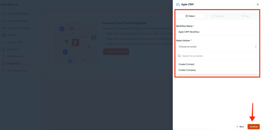SureForms Integration with AgileCRM Select Tab