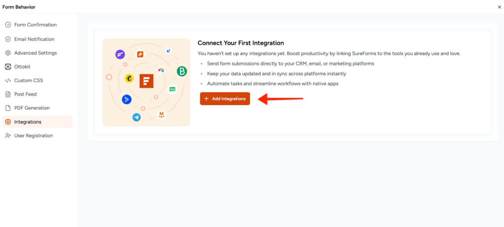 SureForms Integration with AgileCRM Add Integration.