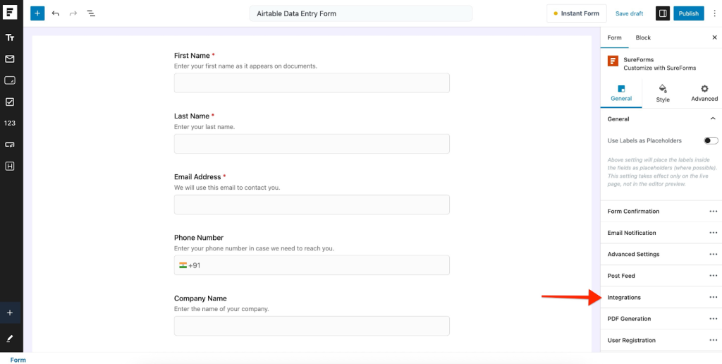 SureForms Integration with Airtable Integrations tab.