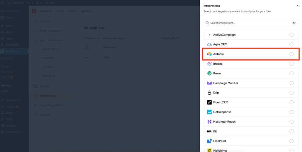 SureForms Integration with Airtable Select the Airtable connection.