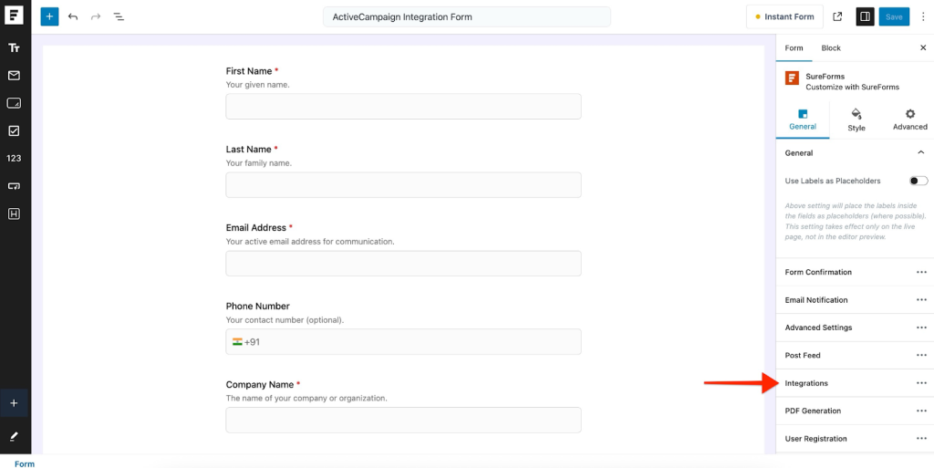SureForms Integration with ActiveCampaign click Integrations.