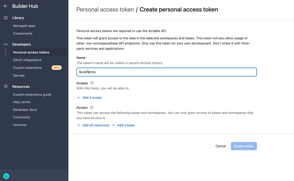SureForms Integration with Airtable Add Name, Add Scope