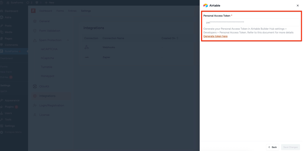 SureForms Integration with Airtable Enter your Personal Access Token.