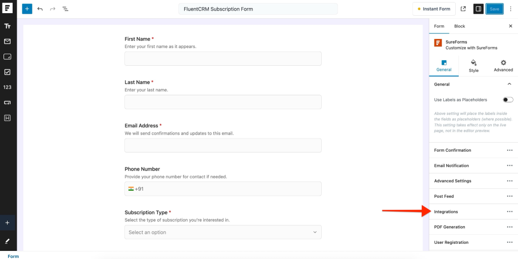 click on the Integrations 