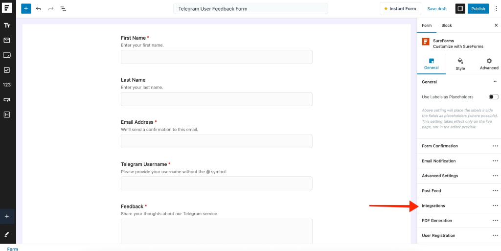  click on the Integrations tab.