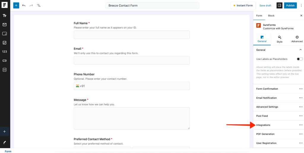 SureForms Integration with Breeze click the Integrations tab