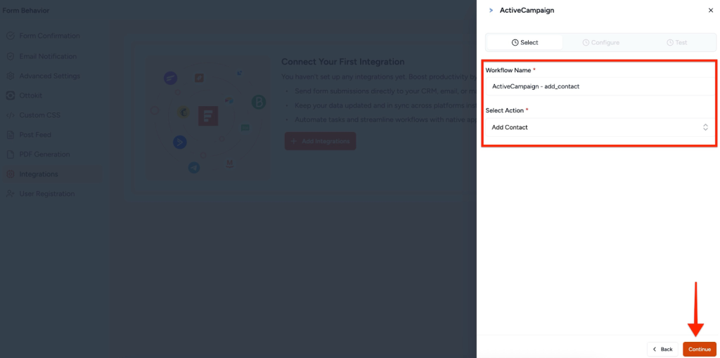 SureForms Integration with ActiveCampaign Select