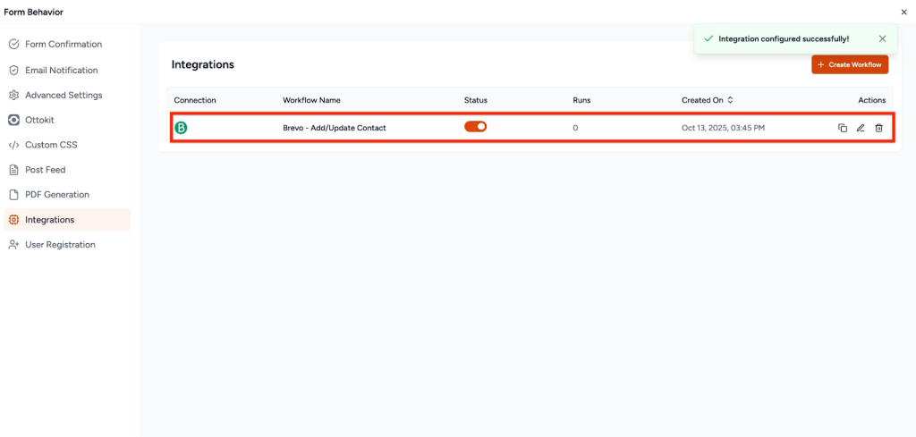 SureForms Integration with Brevo Brevo workflow