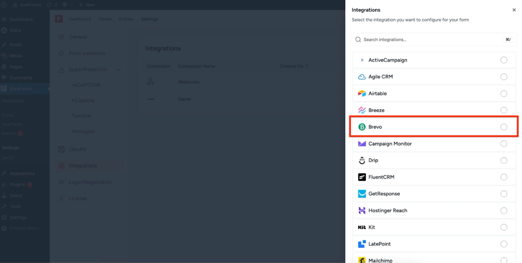 SureForms Integration with Brevo Select Brevo