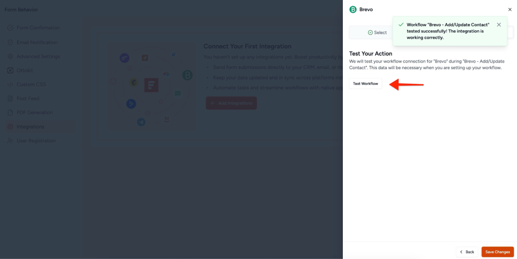 SureForms Integration with Brevo Test Tab