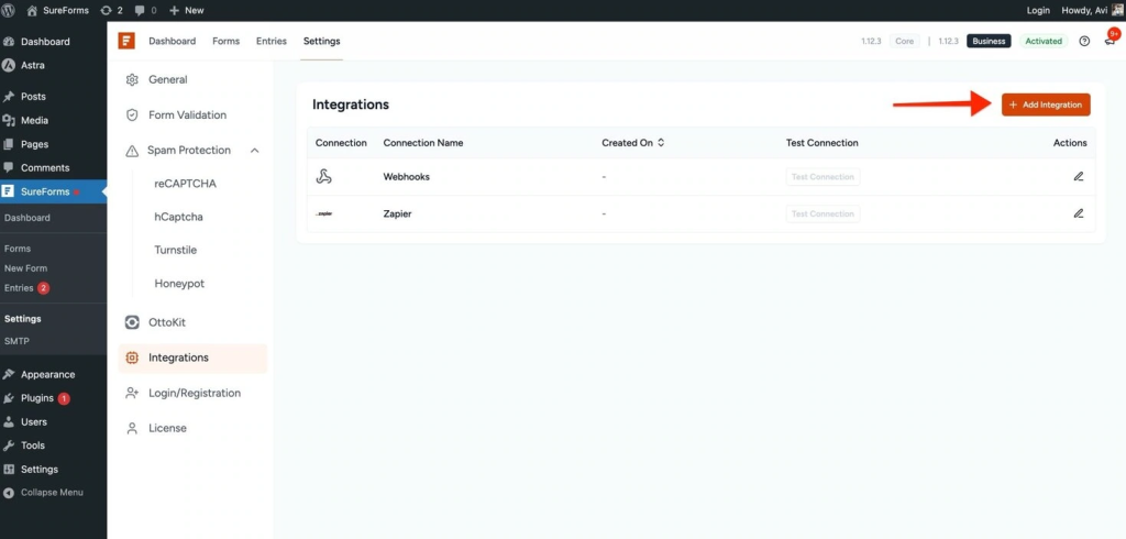 SureForms Integration with Brevo Add Integration button