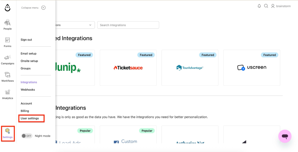 Settings → User Settings. 