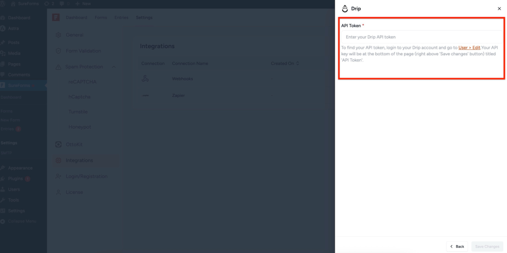 Enter your API Token in SureForms.