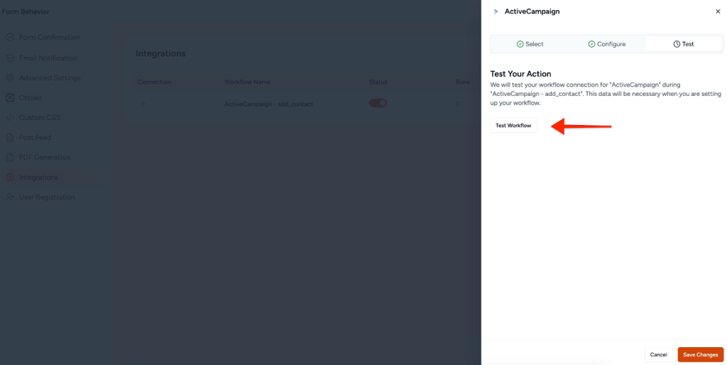 SureForms Integration with ActiveCampaign Test Workflow