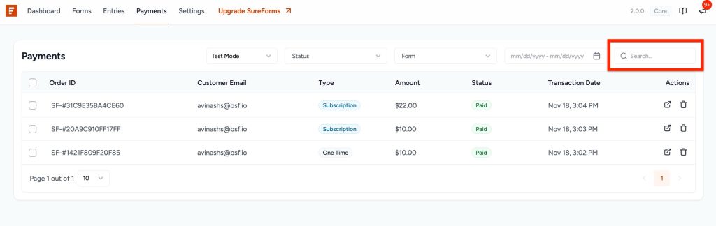 SureForms Payments payments search