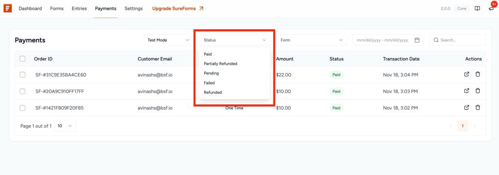 SureForms Payments payments status