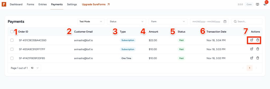 SureForms Payments payments table