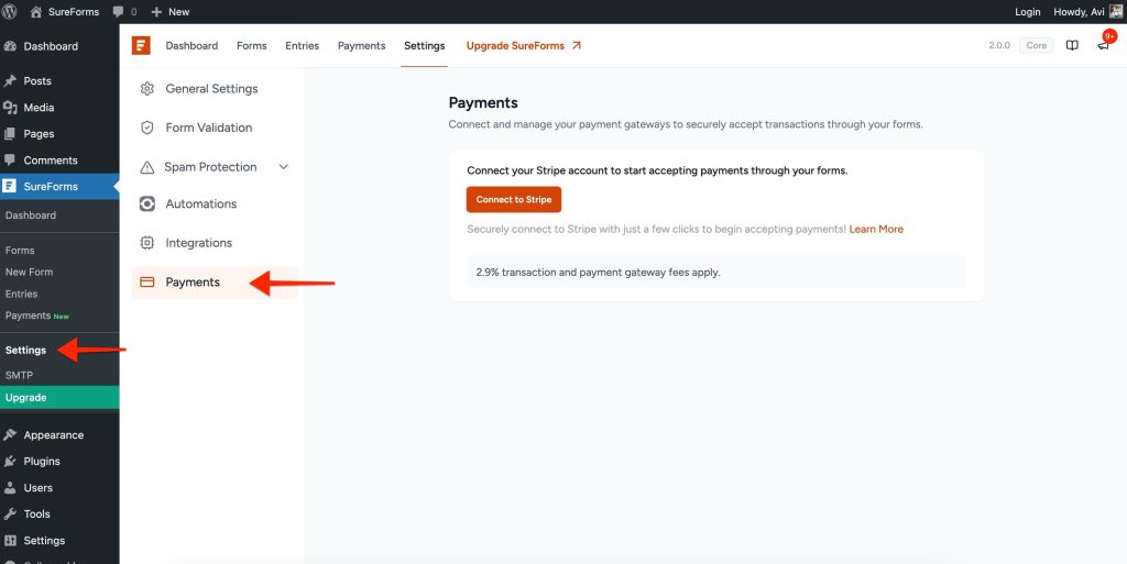 sureforms settings → payments tab