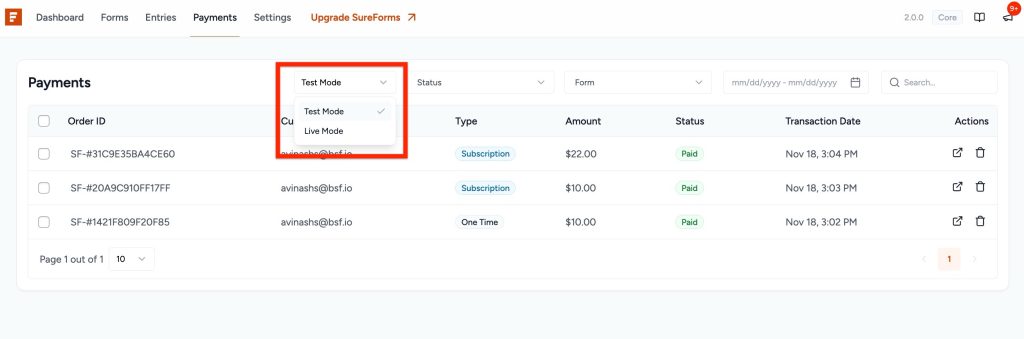 SureForms Payments test mode : live mode