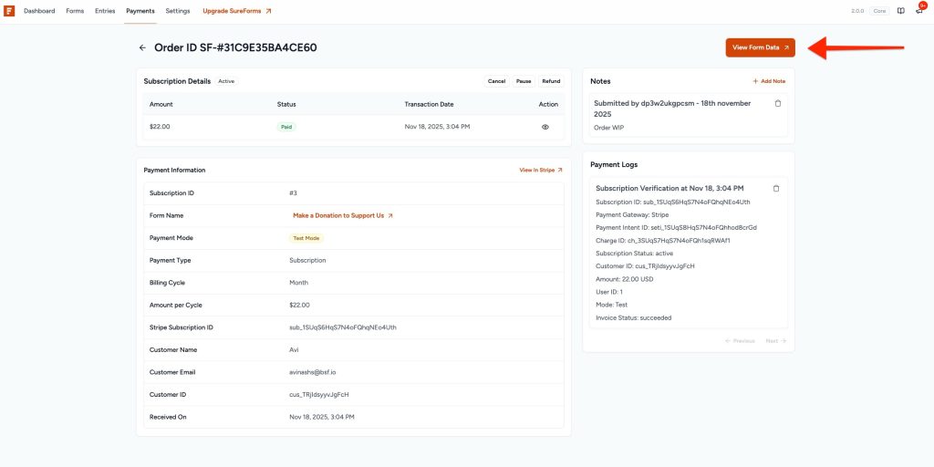 SureForms Payments viewing form data
