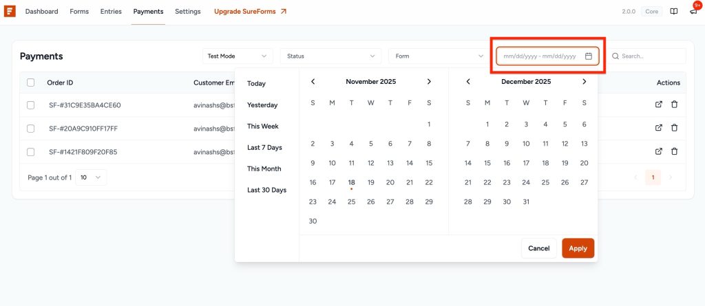 SureForms Payments date range