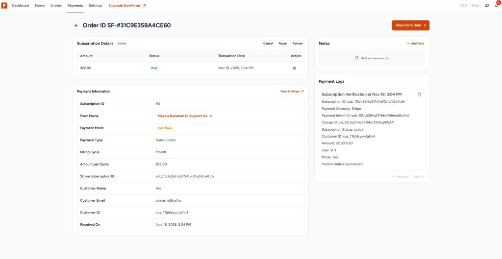 SureForms Payments order details