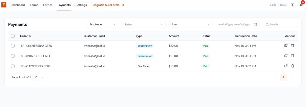 SureForms Payments payment log