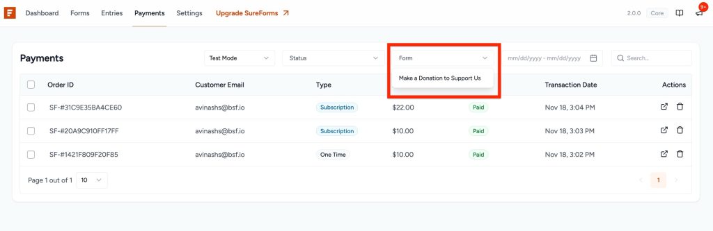 SureForms Payments select paymnet forms