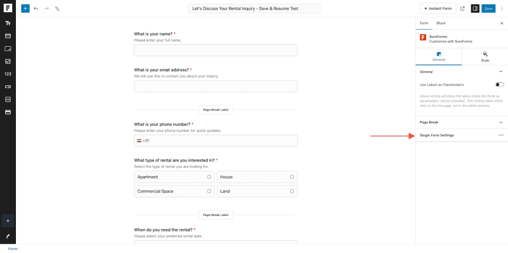Save & Progress in SureForms SureForms → Single Form Settings.
