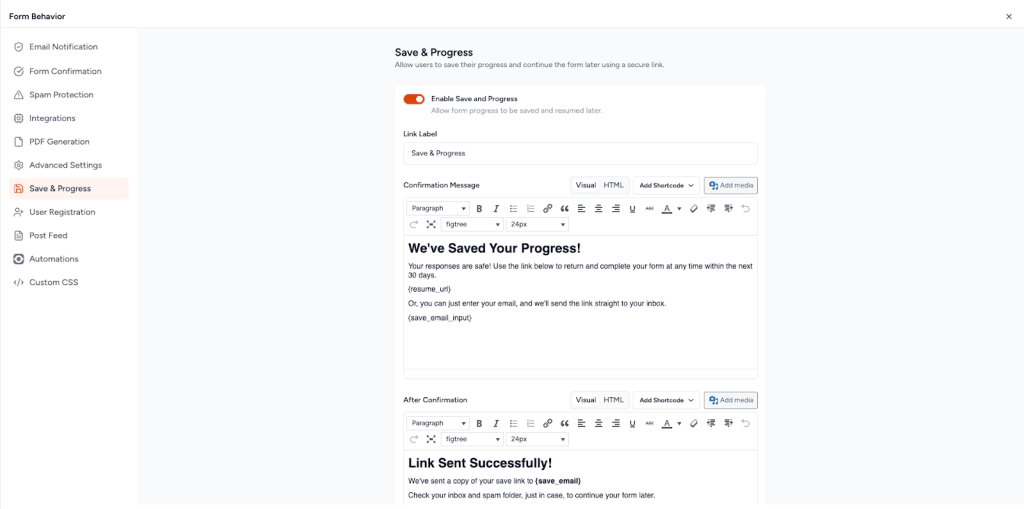 Save & Progress in SureForms Customisation Message