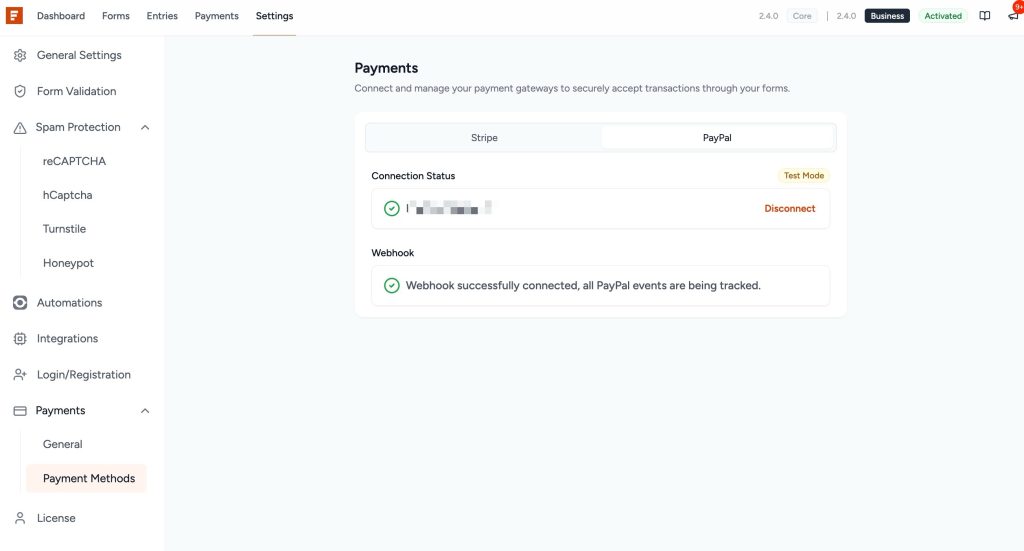 PayPal connected success message