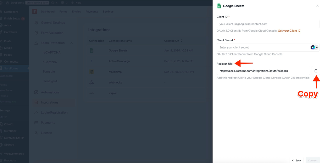 Copy URI for authorized Redirect URI.