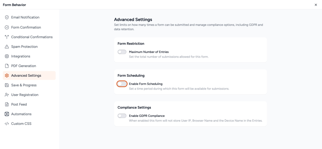 Enable Form Scheduling