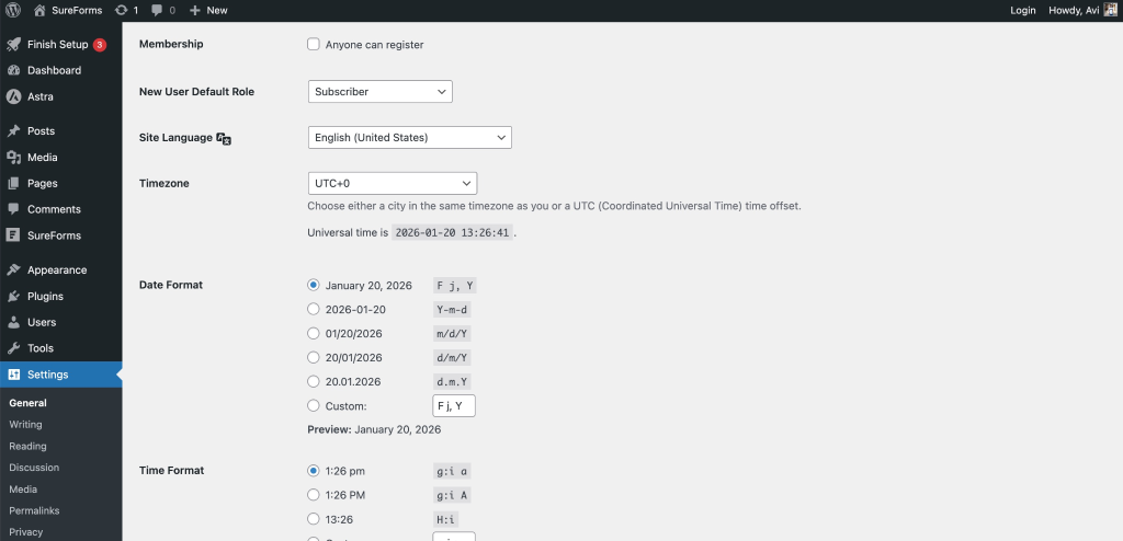 WordPress General Settings – Timezone