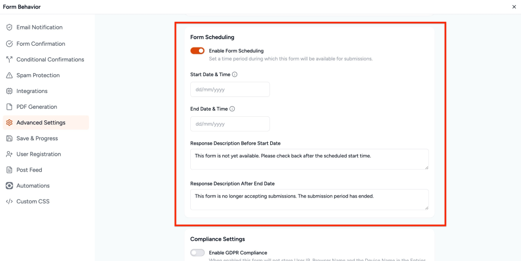 Enable Form Scheduling toggle
