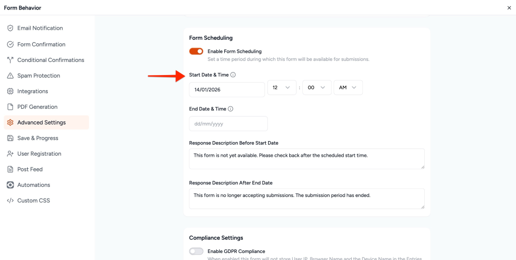Start Date & Time date and time picker