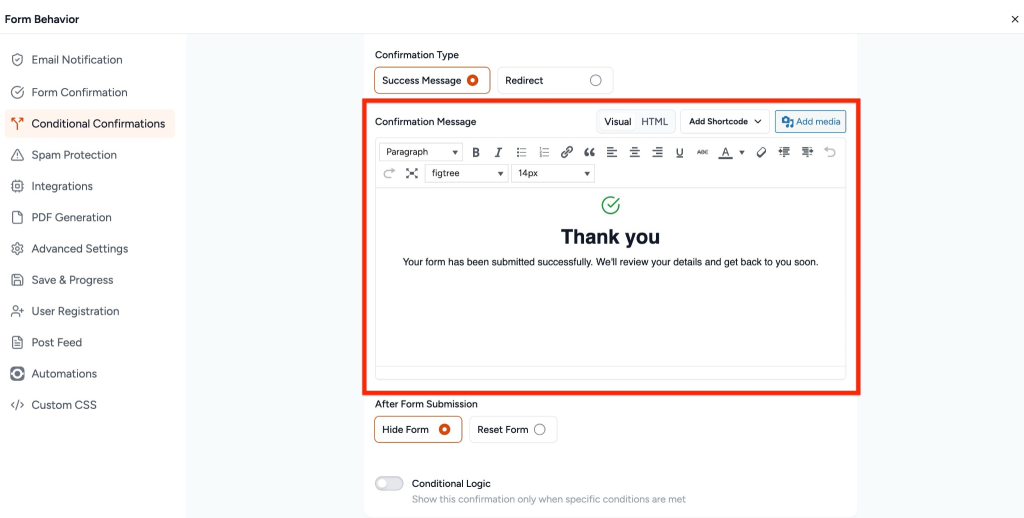 Success message editor