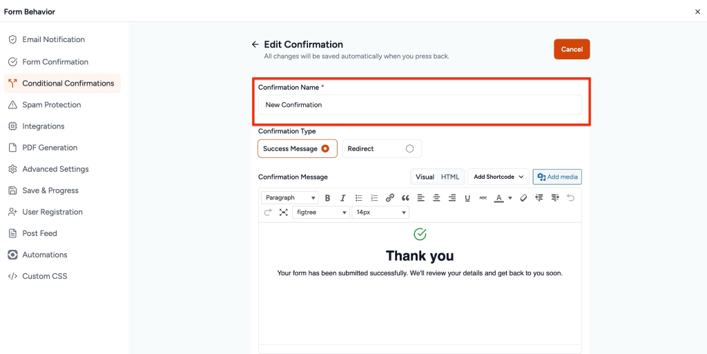 Enter a Confirmation Name.