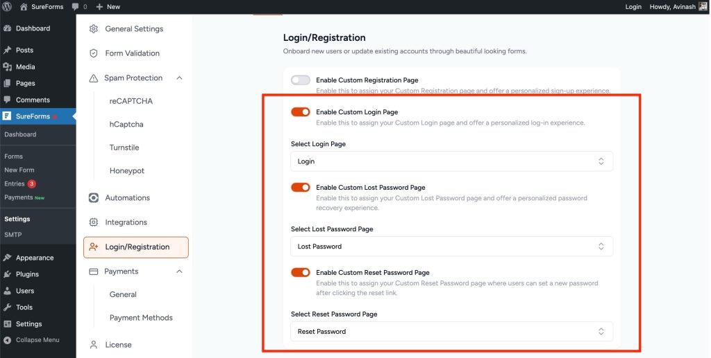 Custom Lost Password and Reset Password Pages enable setting